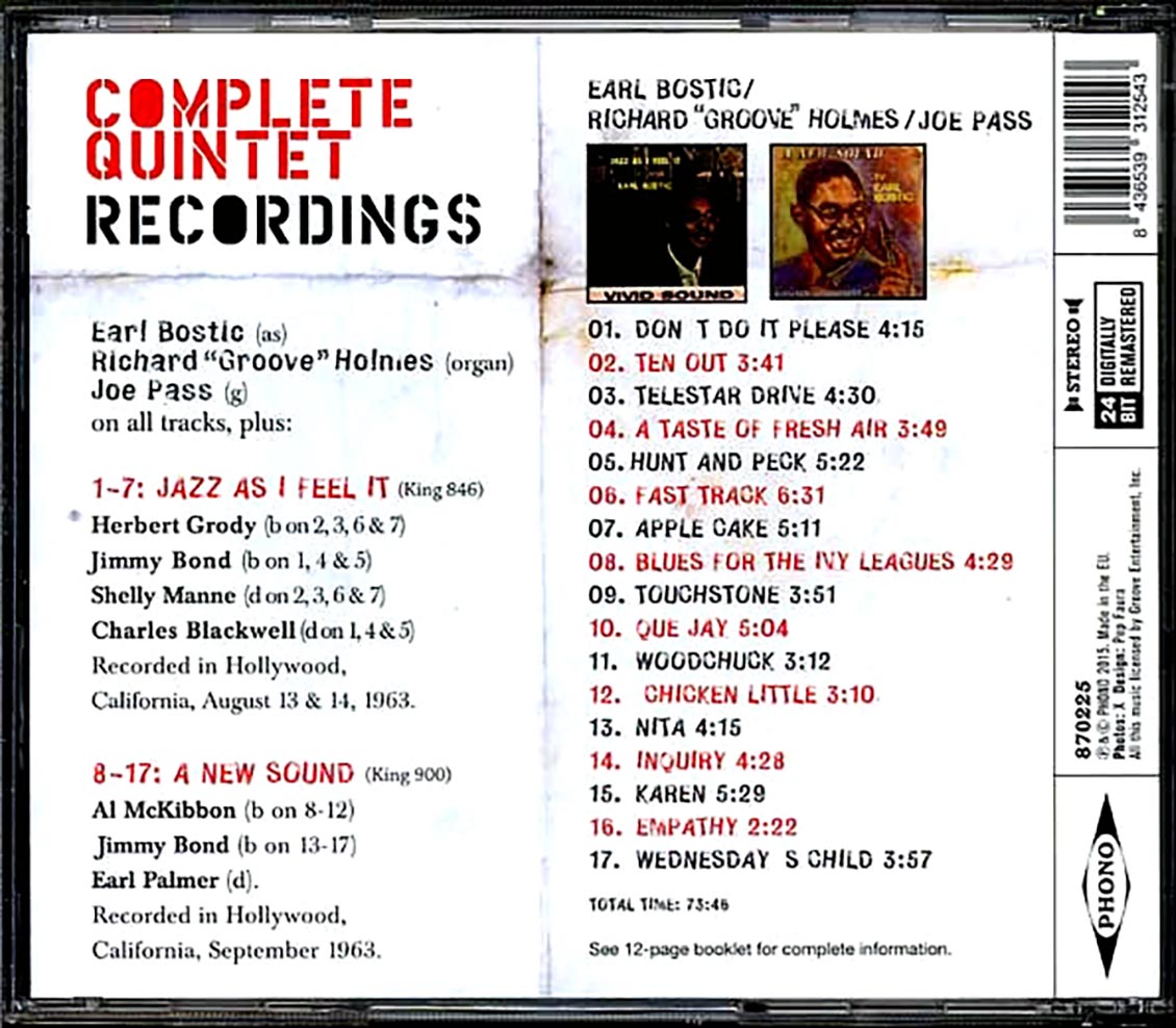 Earl Bostic, Richard Groove Holmes, Joe Pass - Complete Quintet Recordings