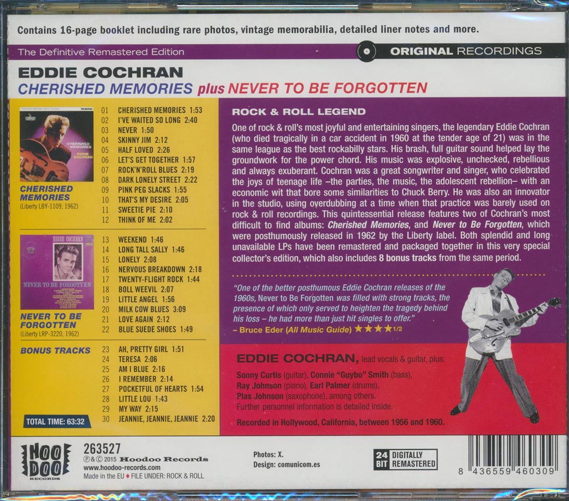 Eddie Cochran - Cherished Memories + Never To Be Forgotten (2 albums on 1 CD) (30 tracks) (+8 bonus tracks) (incl. 16-page booklet) (remastered) (24-bit master