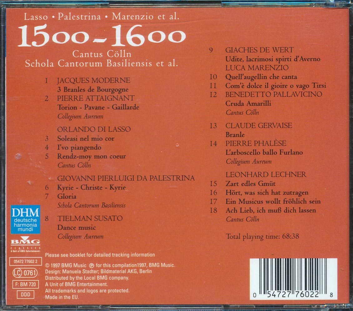 Lasso, Palestrina, Marenzio, Etc. - 1500-1600 Cantus Colln Schola Cantorum Basiliensis Et Al