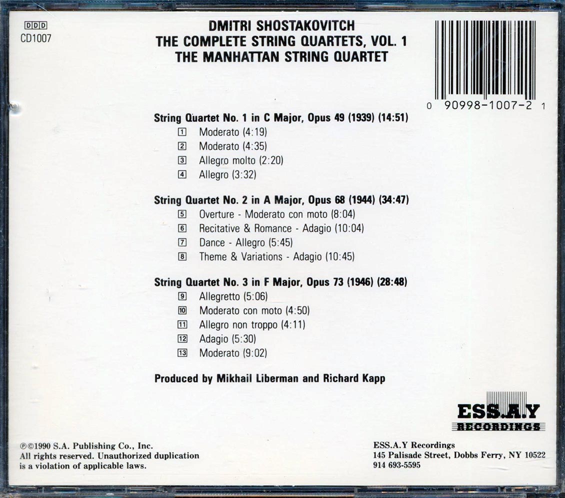 Shostakovitch, The Manhattan String Quartet - Complete String Quartets, Vol. 1: Nos. 1, 2, & 3 (incl. large booklet)
