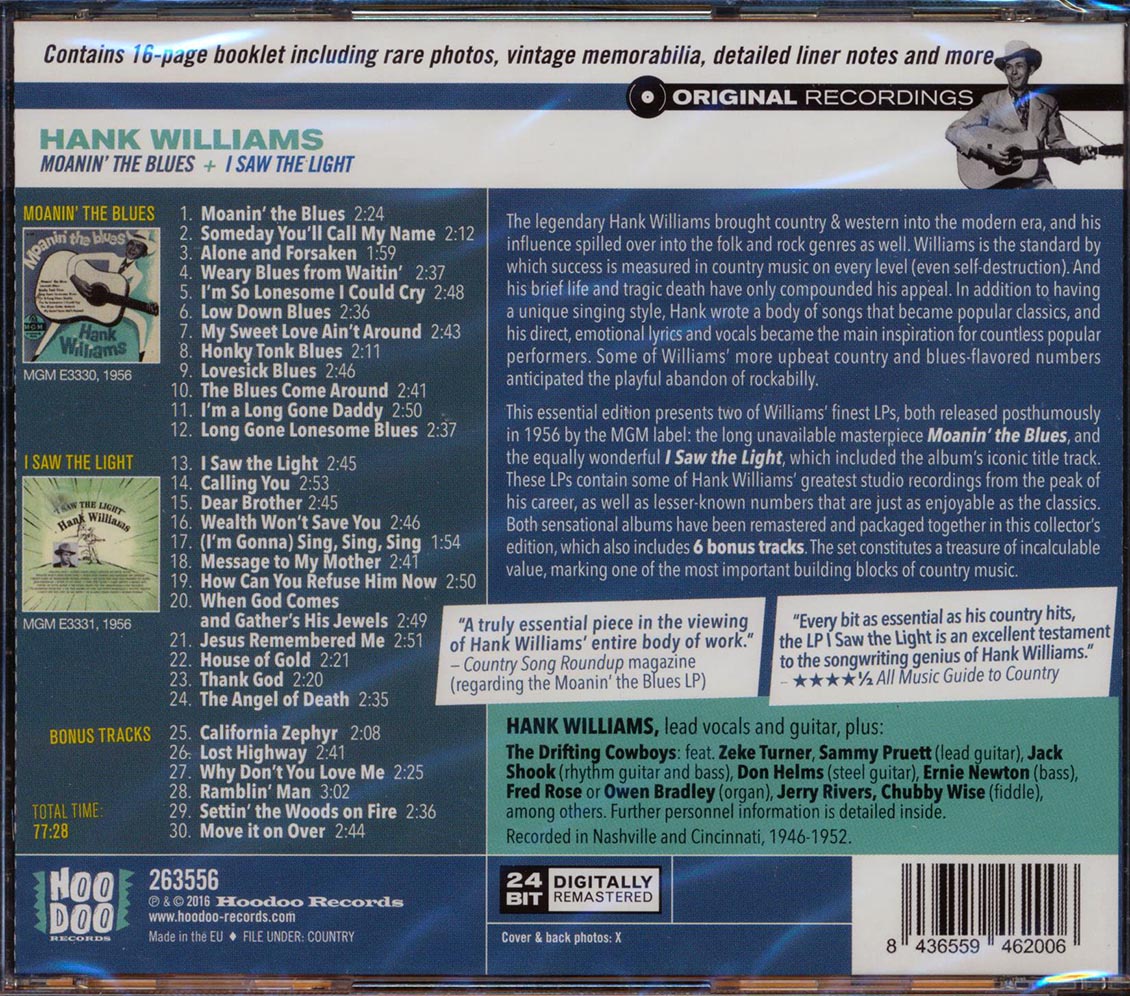 Hank Williams - Maonin' The Blues + I Saw The Light (2 albums on 1 CD) (30 tracks) (incl. 16-page booklet) (remastered) (24-bit mastering)
