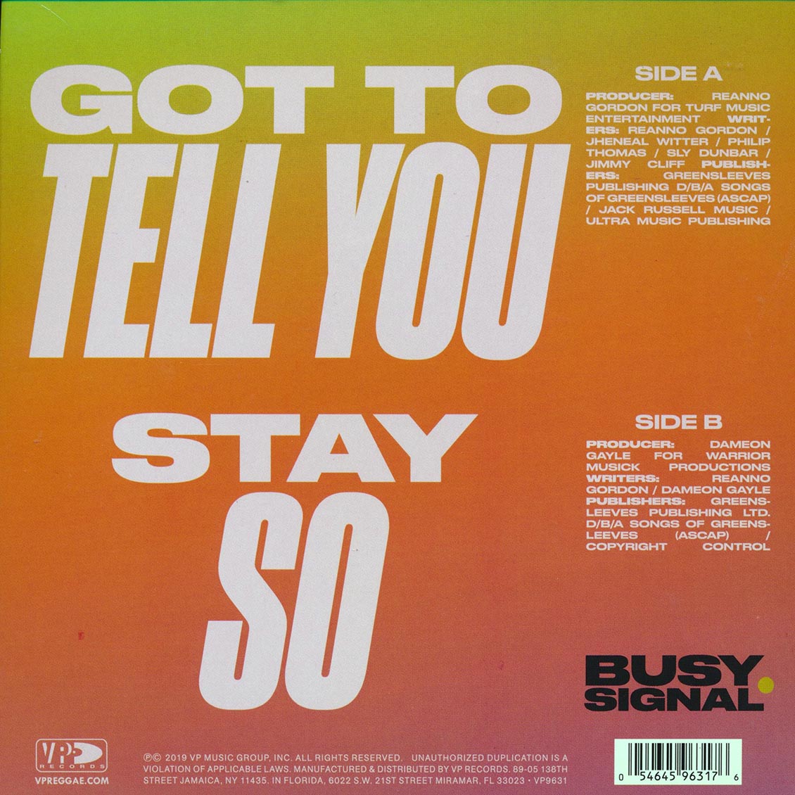 Busy Signal - Got To Tell You / Busy Signal - Stay So