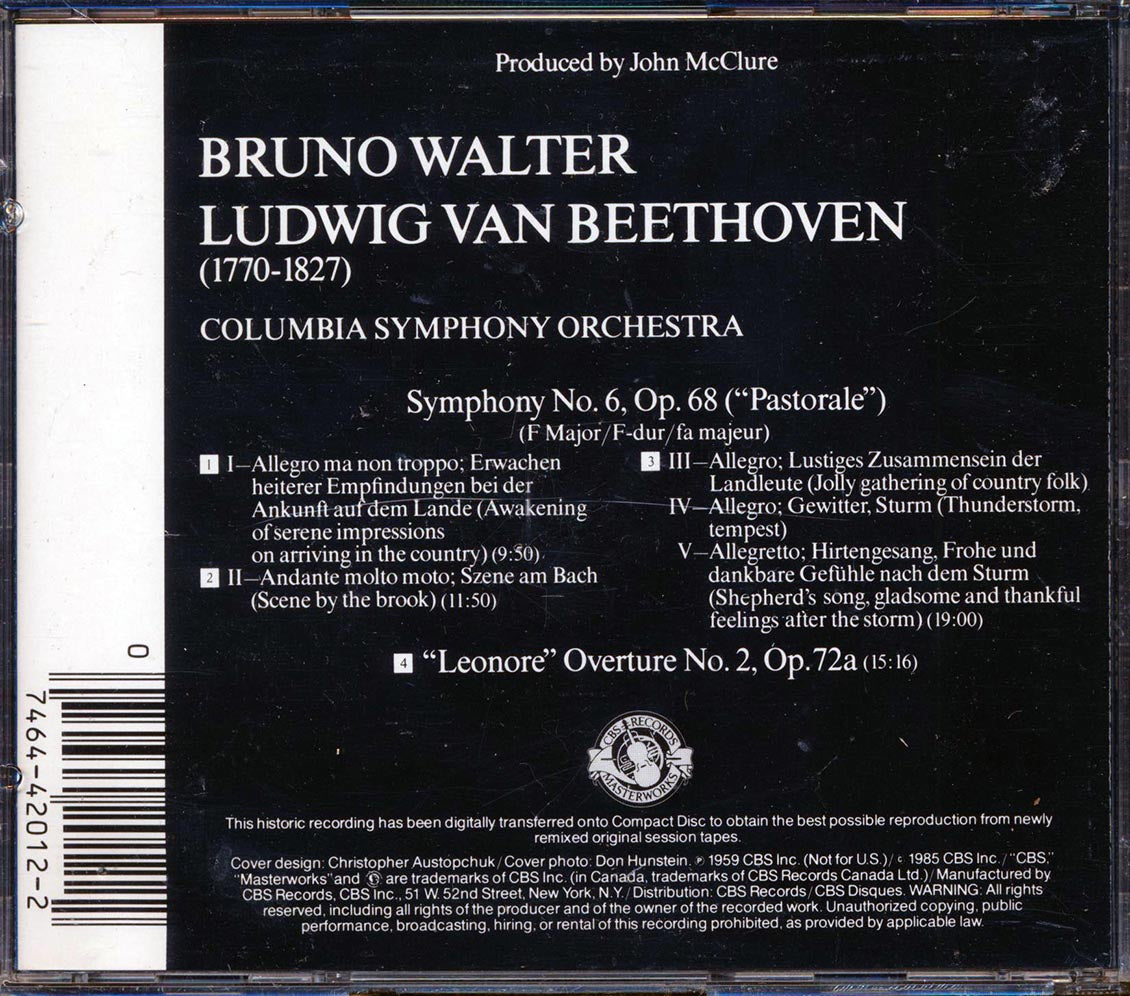 Bruno Walter, Beethoven, Columbia Symphony Orchestra - Symnphony No. 6; Leonore Overture
