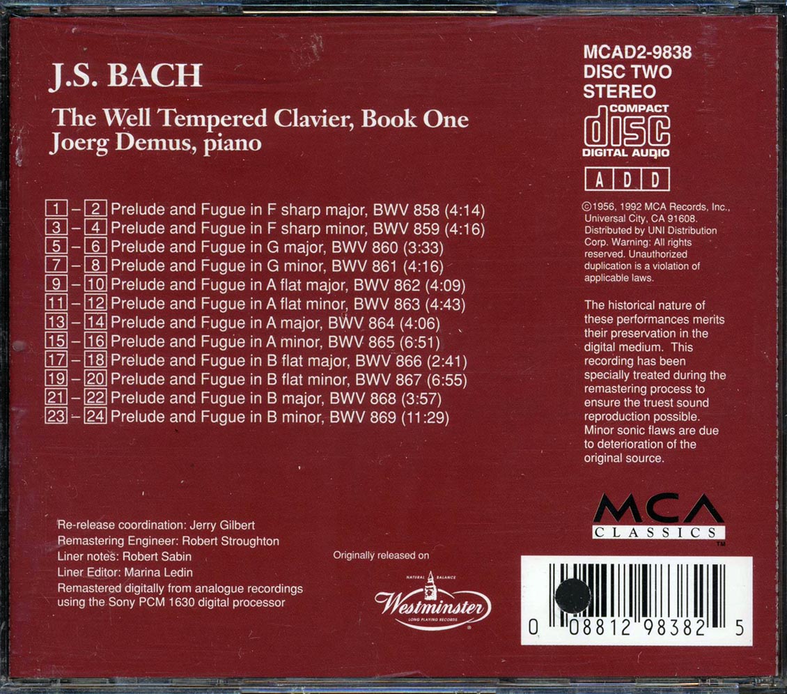 Bach, Joerg Demus - The Well-Tempered Clavier Part One Of Book One (marked/ltd stock)
