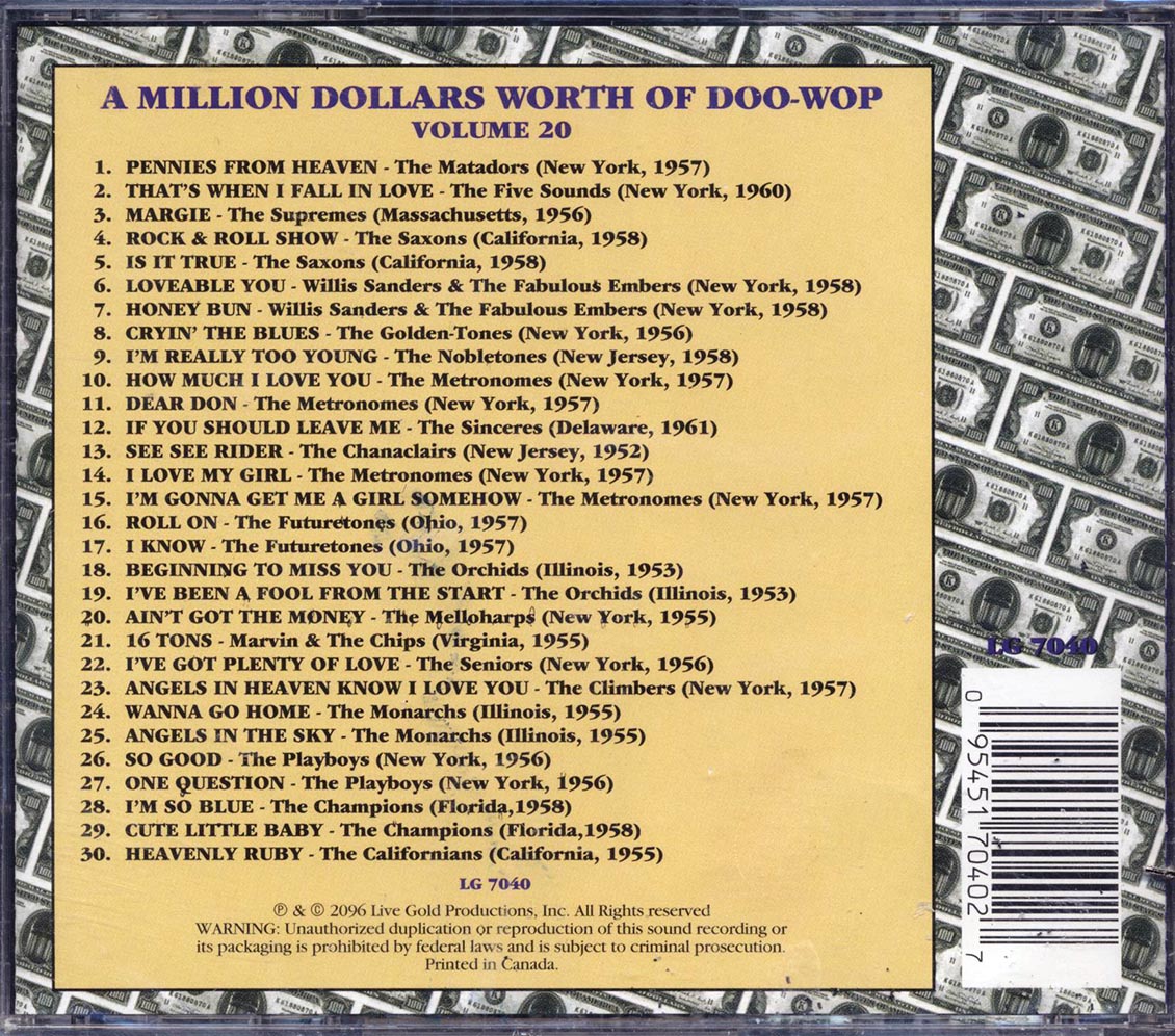 The Matadors, The Five Sounds, The Supremes, Etc. - A Million Dollars Worth Of Doo-Wop Volume 20 (30 tracks) (marked/ltd stock)