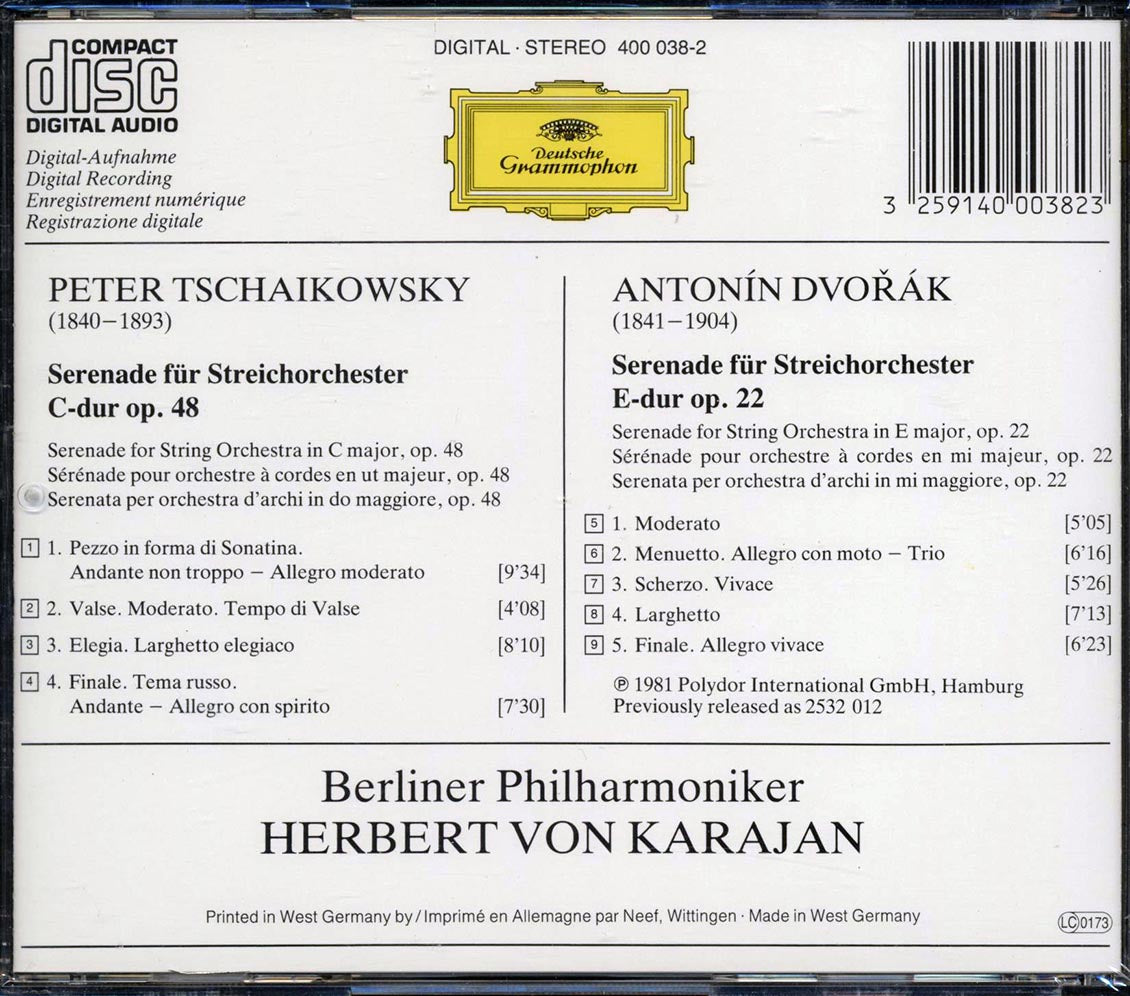 Tschaikowsky, Dvorak, Berliner Philharmoniker, Herbert Von Karajan - Streicherserenaden String Serenades; Serenades Pour Cordes