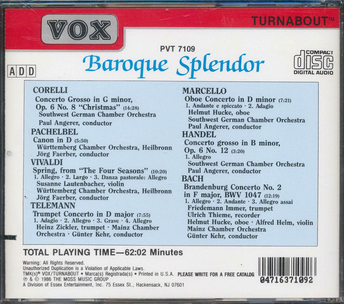 Corelli, Pachelbel, Vivaldi, Telemann, Marcello, Handel, Bach - Baroque Splendor (marked/ltd stock)