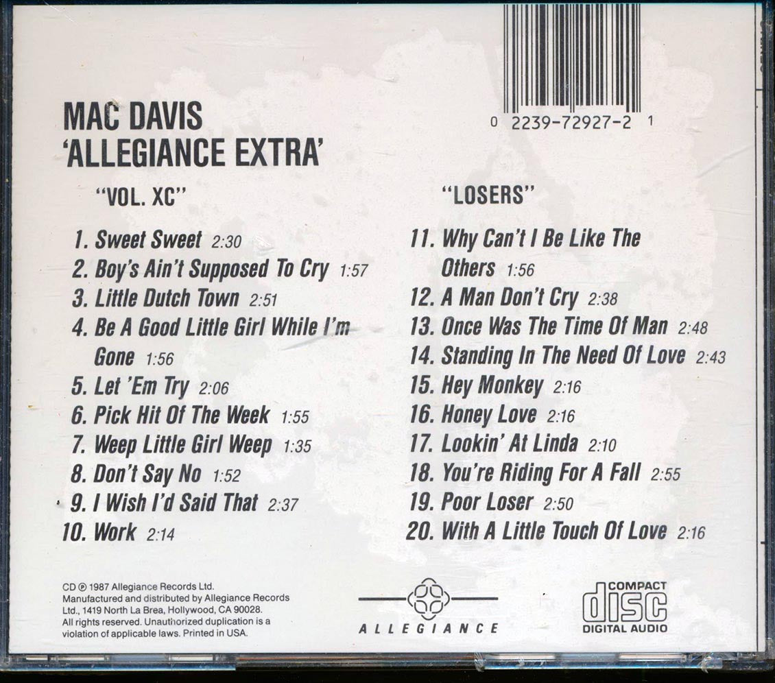 Mac Davis - Allegiance Extra: Vo. XC + Losers (2 albums on 1 CD) (20 tracks)