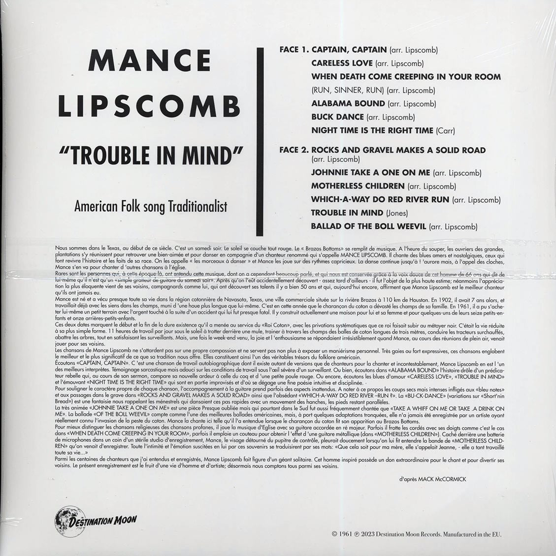 Mance Lipscomb - Trouble In Mind: American Folk Song Traditionalist (ltd. 500 copies made) (clear vinyl)