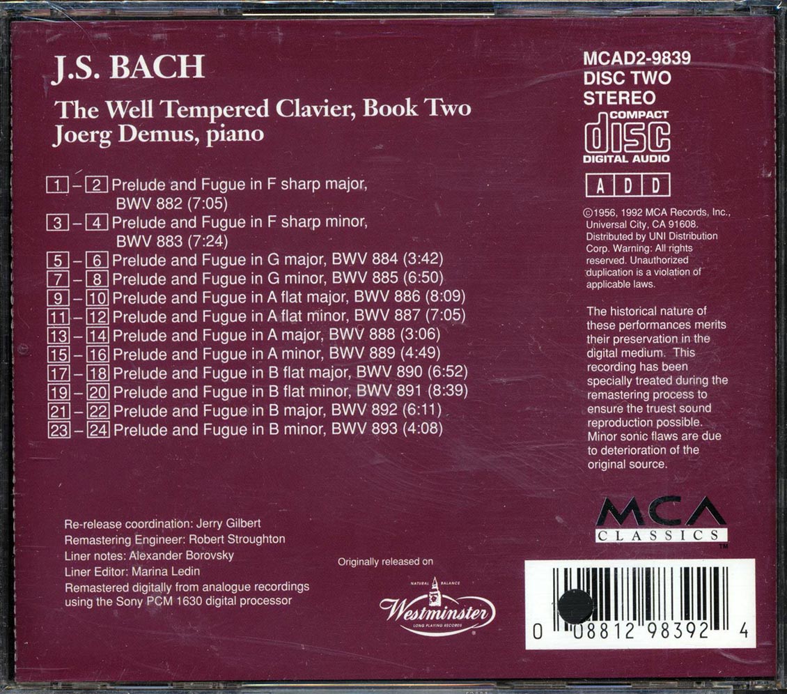 Johann Sebastian Bach, Joerg Demus - The Well Tempered Clavier, Book Two (marked/ltd stock)