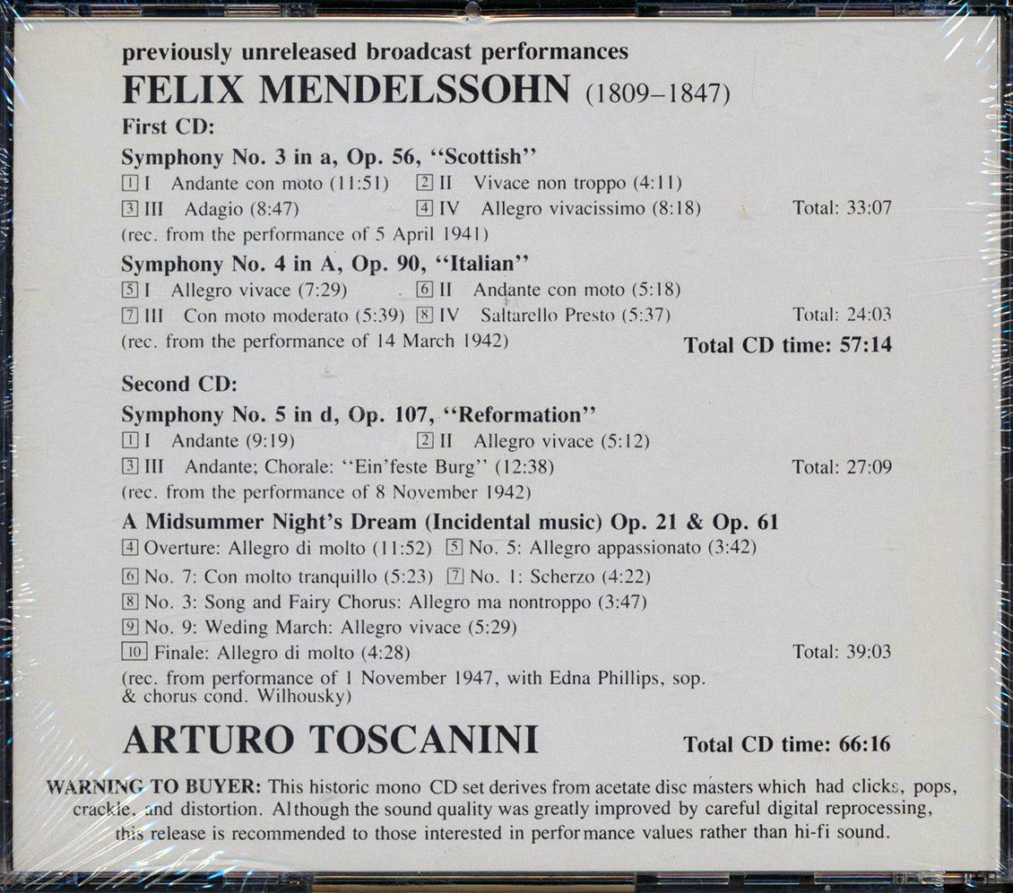 Toscanini, Mendelssohn - Symphonies III, IV, V & Incidental Music (2xCD)