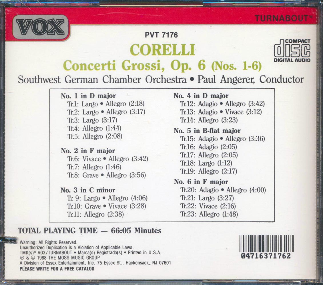 Arcangelo Corelli, Sudwestdeutsches Kammerorchester, Christoph Angerer, Wolfgang Rosch, Etc. - Concerti Grossi, Op. 6 (Nos. 1-6) (marked/ltd stock)