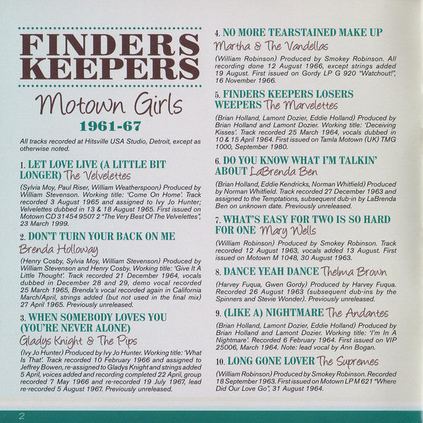 VARIOUS ARTISTS - FINDERS KEEPERS: MOTOWN GIRLS 1961 - 1967 / VAR