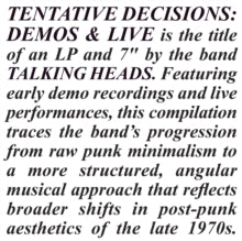 Talking Heads - Tentative Decisions: Demos & Live (lp/7 Inch)