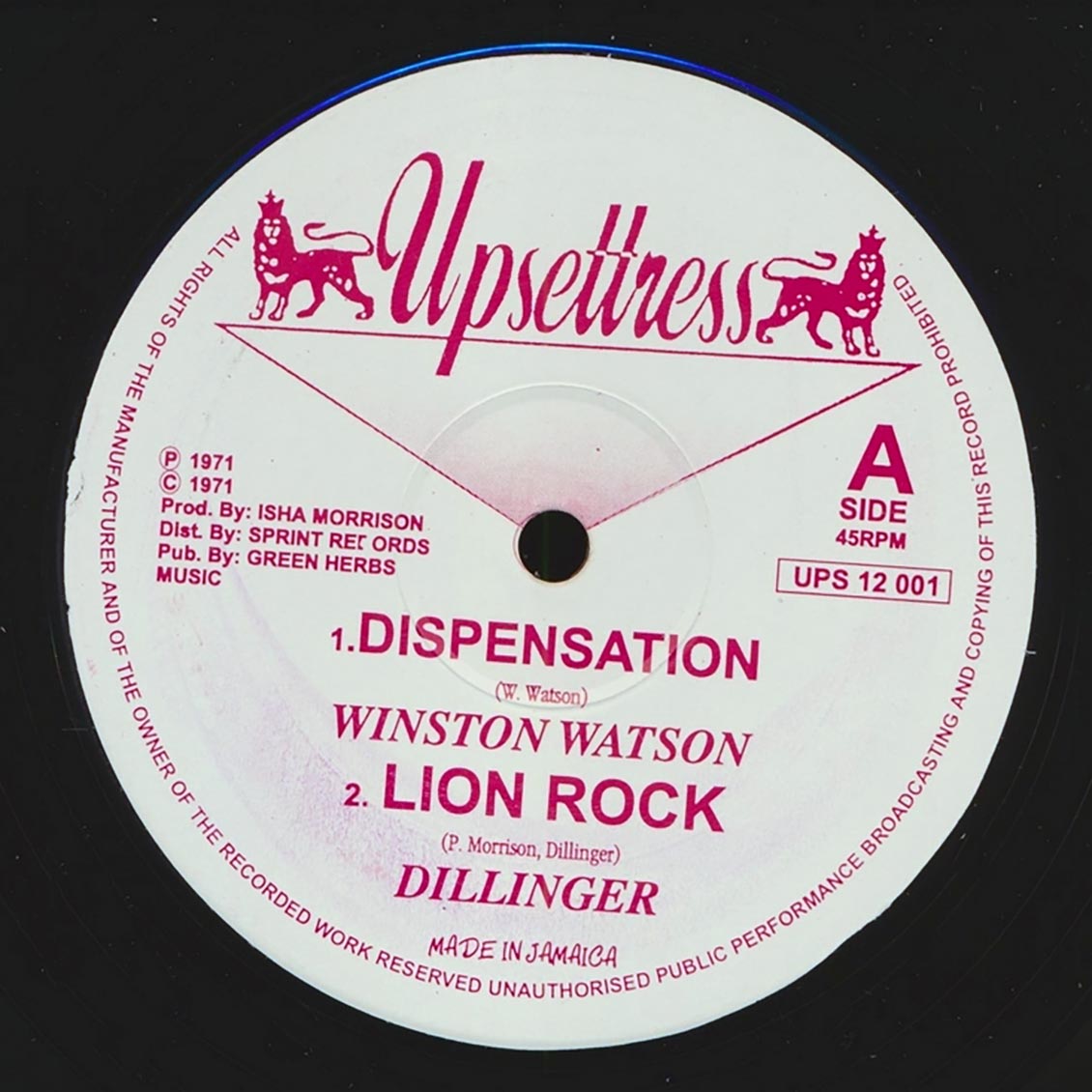 Winston Watson - Dispensation;  Dillinger - Lion Rock  /  Inamins - Rhythm Rock (Dub) (colored vinyl)