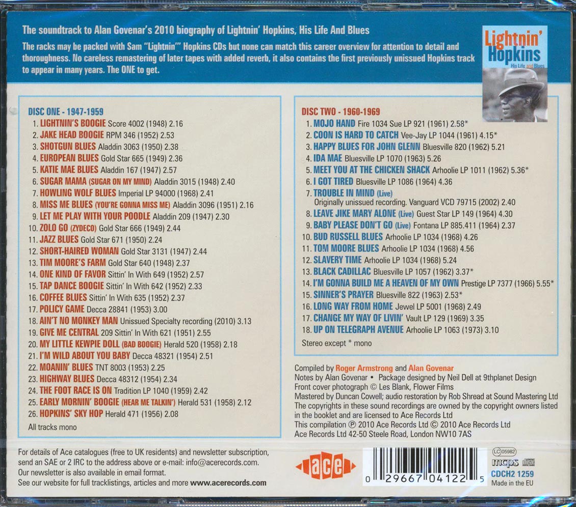 Lightnin' Hopkins - His Blues: The Soundtrack To Alan Govanar's Definitive Biography Lightnin Hopkins: His Life In Blues (44 tracks) (2xCD)