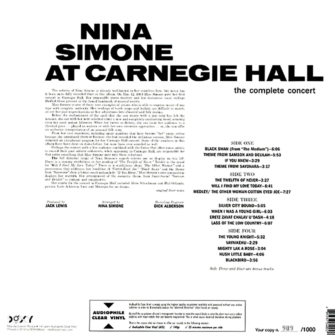 Nina Simone - Nina Simone At Carnegie Hall: The Complete Concert (2xLP) (clear vinyl)