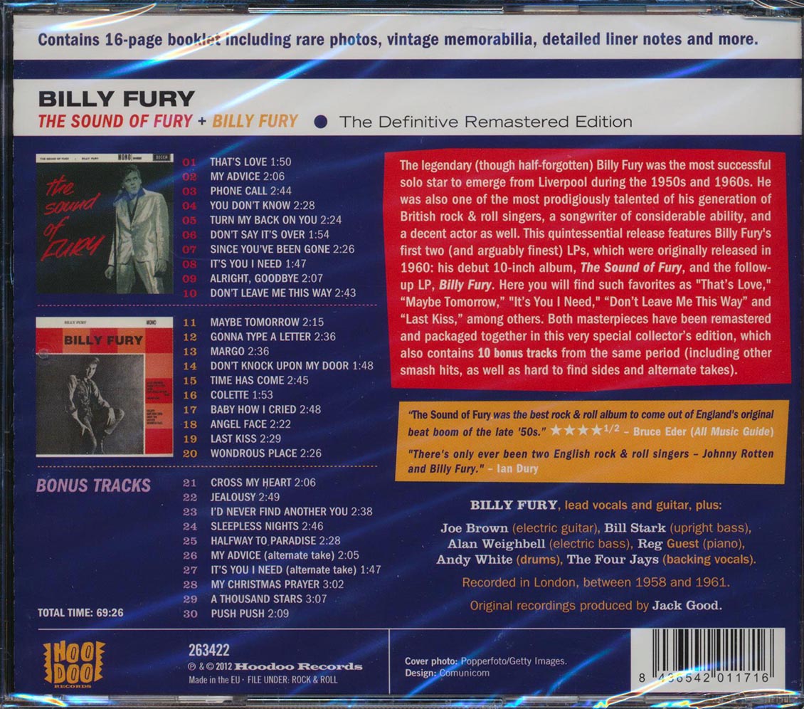 Billy Fury - The Sound Of Fury + Billy Fury (2 albums on 1 CD) (30 tracks) (+ 11 bonus tracks) (incl. 16-page booklet) (remastered) (24-bit mast