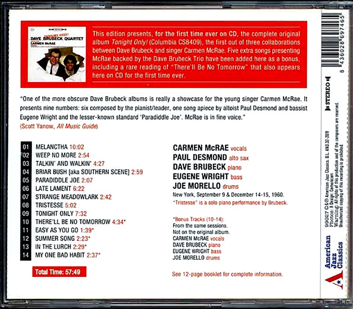 The Dave Brubeck Quartet - Tonight Only! Guest Star Carmen McRae