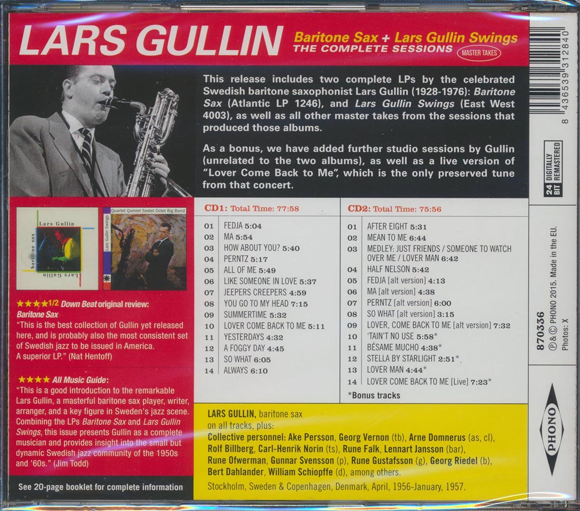 Lars Gullin - Baritone Sax + Lars Gullin Swings (The Complete Sessions) (2xCD) (incl. large booklet) (remastered)