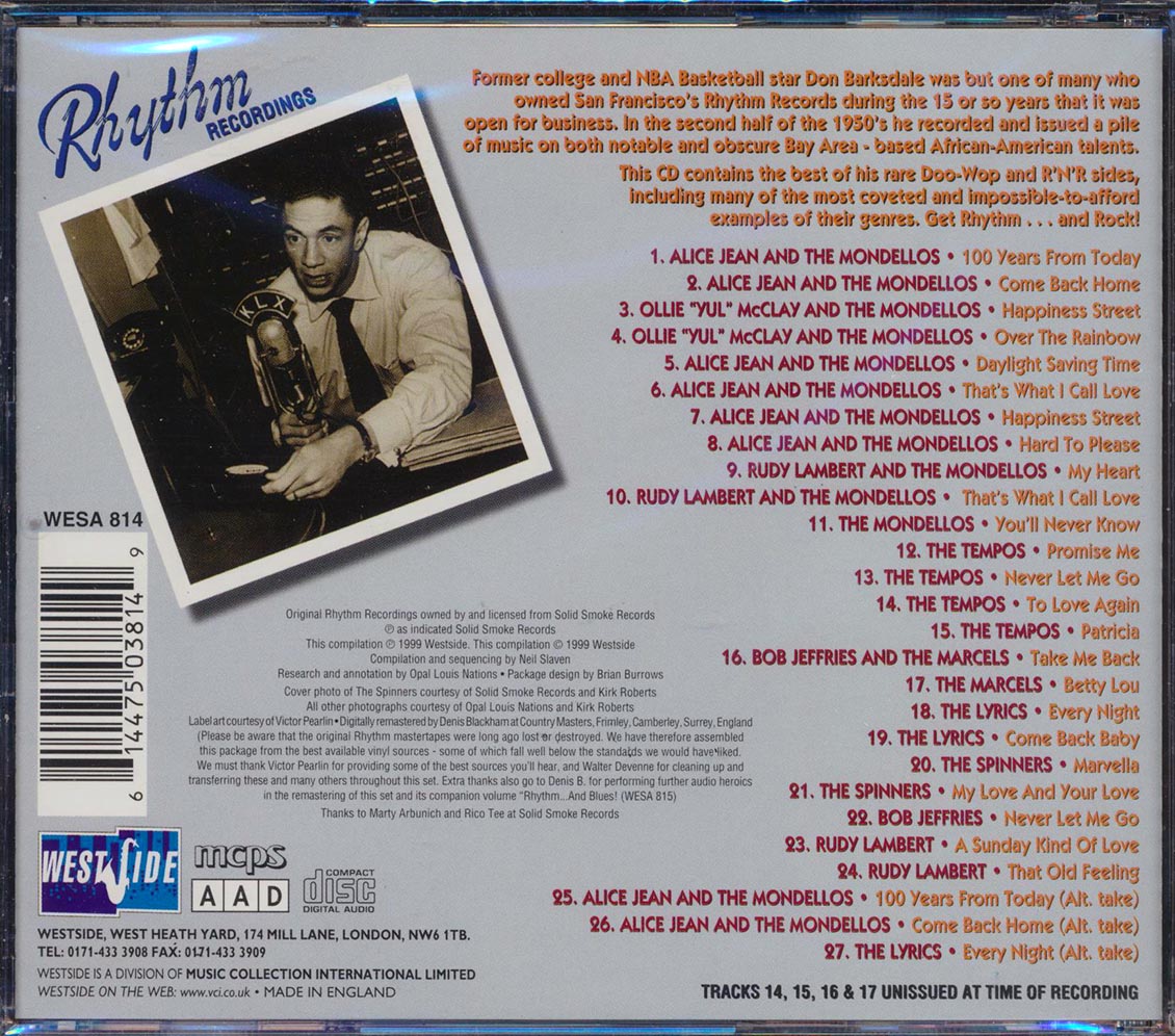 Alice Jean, Bob Jeffries, The Mondellos, The Tempos, Etc. - Rhythm And Rock: 50s Doo-Wop & Rock N Roll From Rhythm Records, The Don Barksdale Masters Volume 1 (27 tracks)