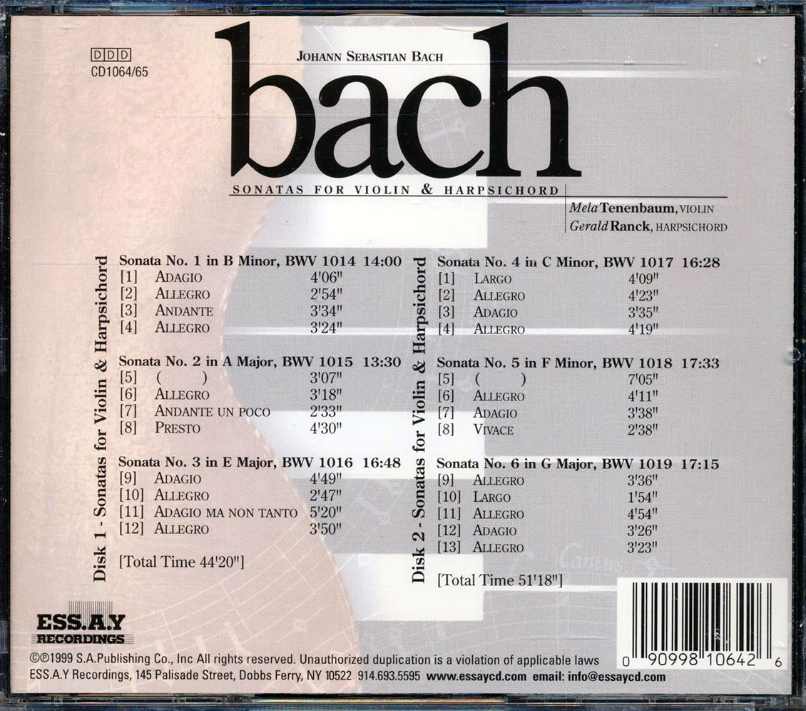 Johann Sebastian Bach, Mala Tenenbaum, Gerald Ranck - Sonatas For Violin And Harpischord (25 tracks) (2xCD)