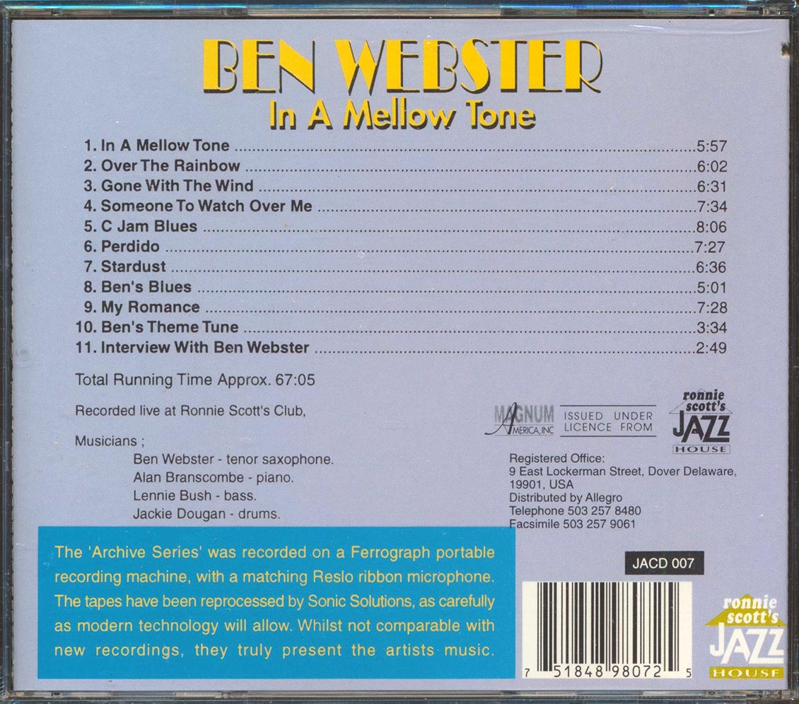 Ben Webster - In A Mellow Tone: Recorded Live At Ronnie Scott's Club (marked/ltd stock)
