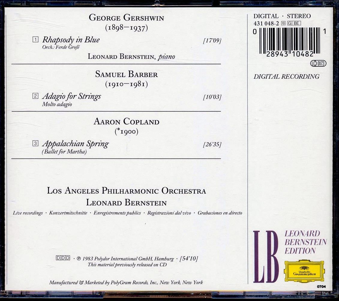 Gershwin, Copland, Barber - Rhapsody In Blue + Appalachian Spring + Adagio: Los Angeles Philharmonic Orchestra (leonard Bernstein Edition)