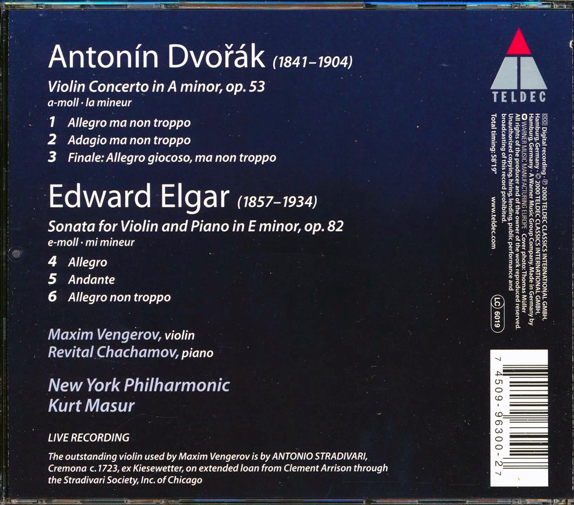 Elgar, Dvork, Maxim Vengerov, Kurt Masur, Revital Chachamov, New York Philharmonic - Violin Sonata / Violin Concerto (incl. large booklet)