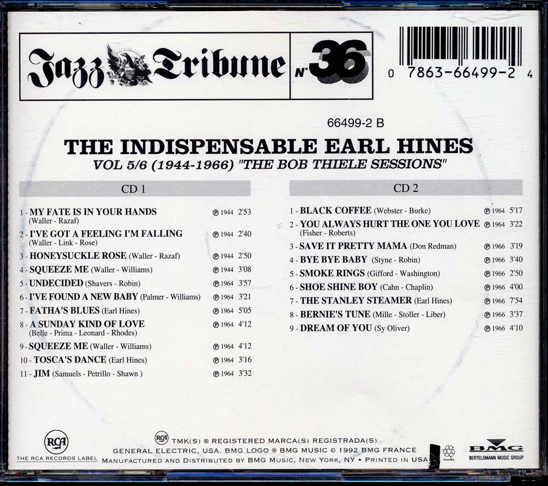 Earl Hines - The Indispensable Earl Hines Volumes 5/6 (1944-1966) The Bob Thiele Sessions (20 tracks) (2xCD) (marked/ltd stock)
