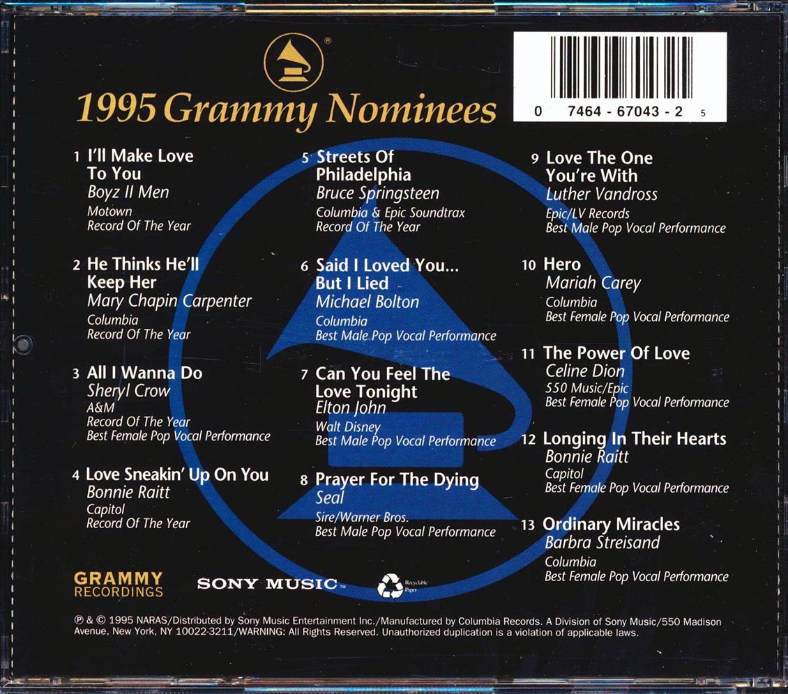 Boyz II Men, Elton John, Mariah Carey, Celine Dion, Bruce Springsteen, Etc. - 1995 Grammy Nominees