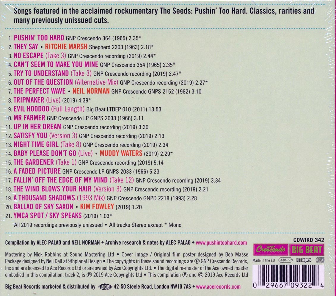 The Seeds - Pushin' Too Hard Original Soundtrack (deluxe 3-fold digipak)