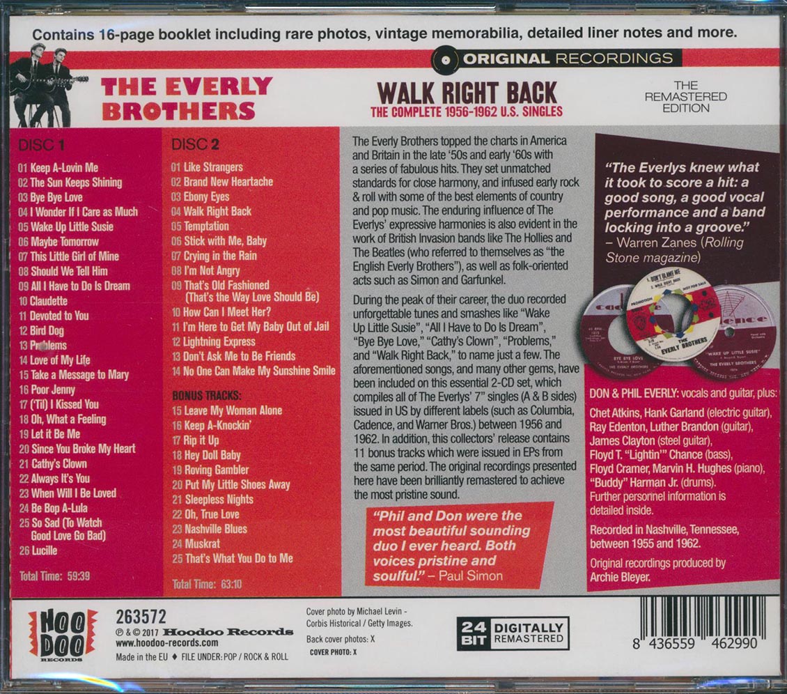 The Everly Brothers - Walk Right Back: The Complete 1956-1962 US Singles (51 tracks) (+11 bonus tracks) (2xCD) (incl. 16-page booklet) (remastered) (24-bit mastering)