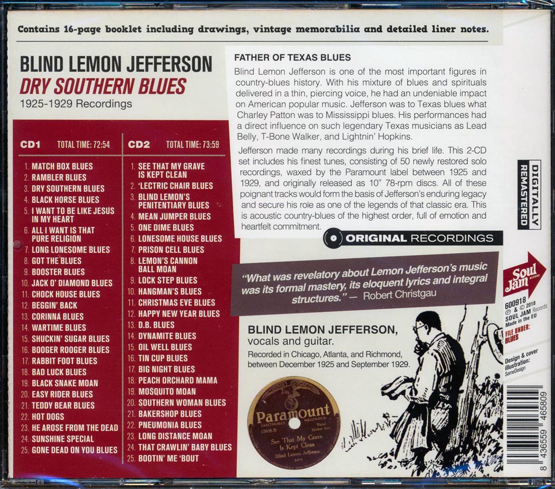 Blind Lemon Jefferson - Dry Southern Blues: 1925-1929 Recordings (50 tracks) (2xCD) (incl. 16-page booklet) (remastered)