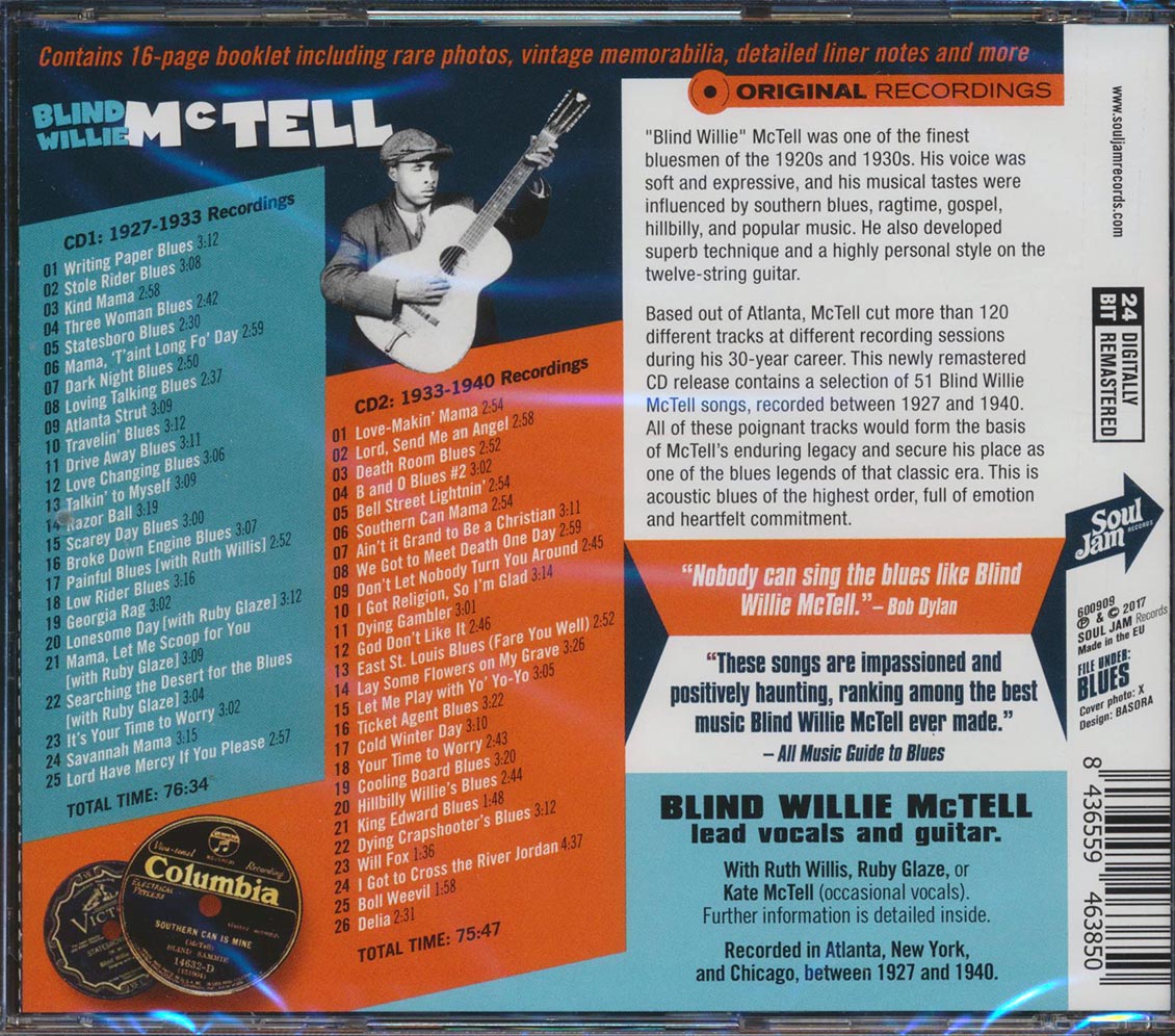 Blind Willie McTell - Dark Night Blues: 1927-1940 Recordings (51 tracks) (2xCD) (incl. 16-page booklet) (24-bit mastering) (remastered)