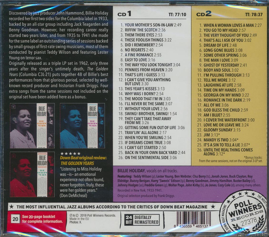 Billie Holiday - The Golden Years Vol 1 + Vol. 2 + Vol. 3 (3 albums on 2 CDs) (52 tracks) (2xCD) (incl. 20-page booklet) (remastered) (24-bit mastering)