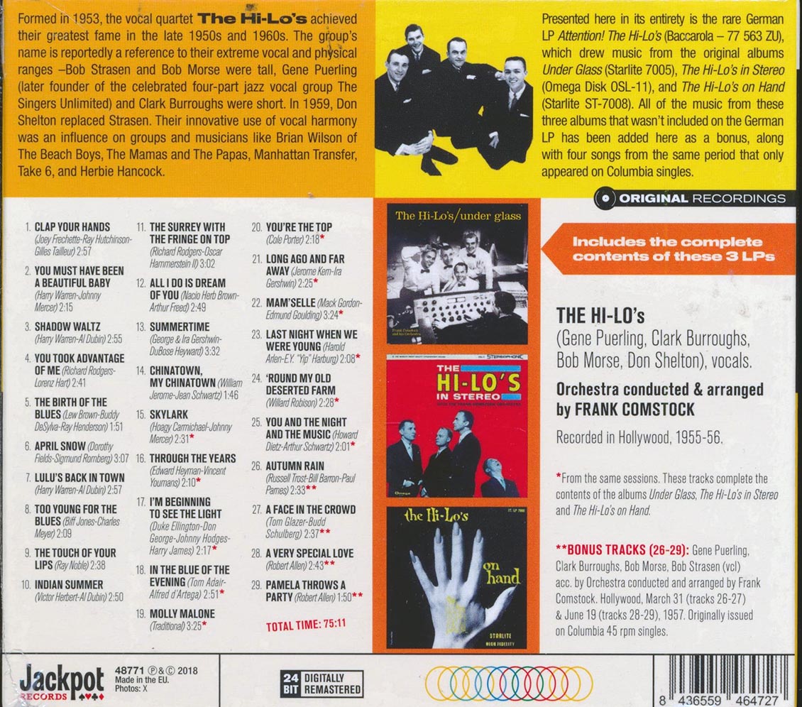 The Hi-Lo's - Attention!: Under Glass + The Hi-Lo's In Stereo + The Hi-Lo's On Hand (3 albums on 1 CD) (29 tracks) (+ 5 bonus tracks) (ltd. ed.) (deluxe 3-fold digipak) (remastered) (2