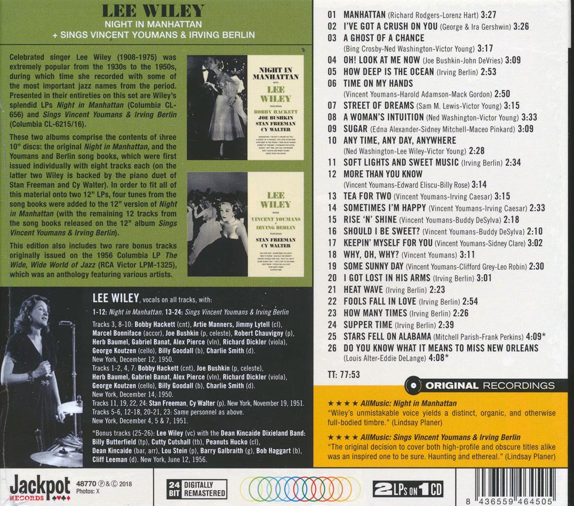 Lee Wiley - Night In Manhattan + Sings Vincent Youmans & Irving Berlin (2 albums on 1 CD) (26 tracks) (+ 3 bonus tracks) (ltd. ed.) (deluxe 3-fold digipak) (remastered) (2