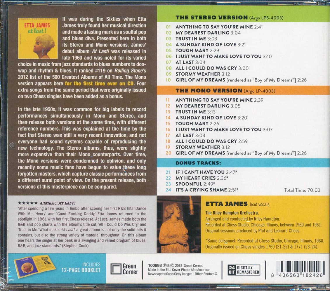 Etta James - At Last! The Stereo & Mono Versions (2 albums on 1 CD) (24 tracks) (+ 5 bonus tracks) (incl. 12-page booklet) (24-bit mastering) (remast