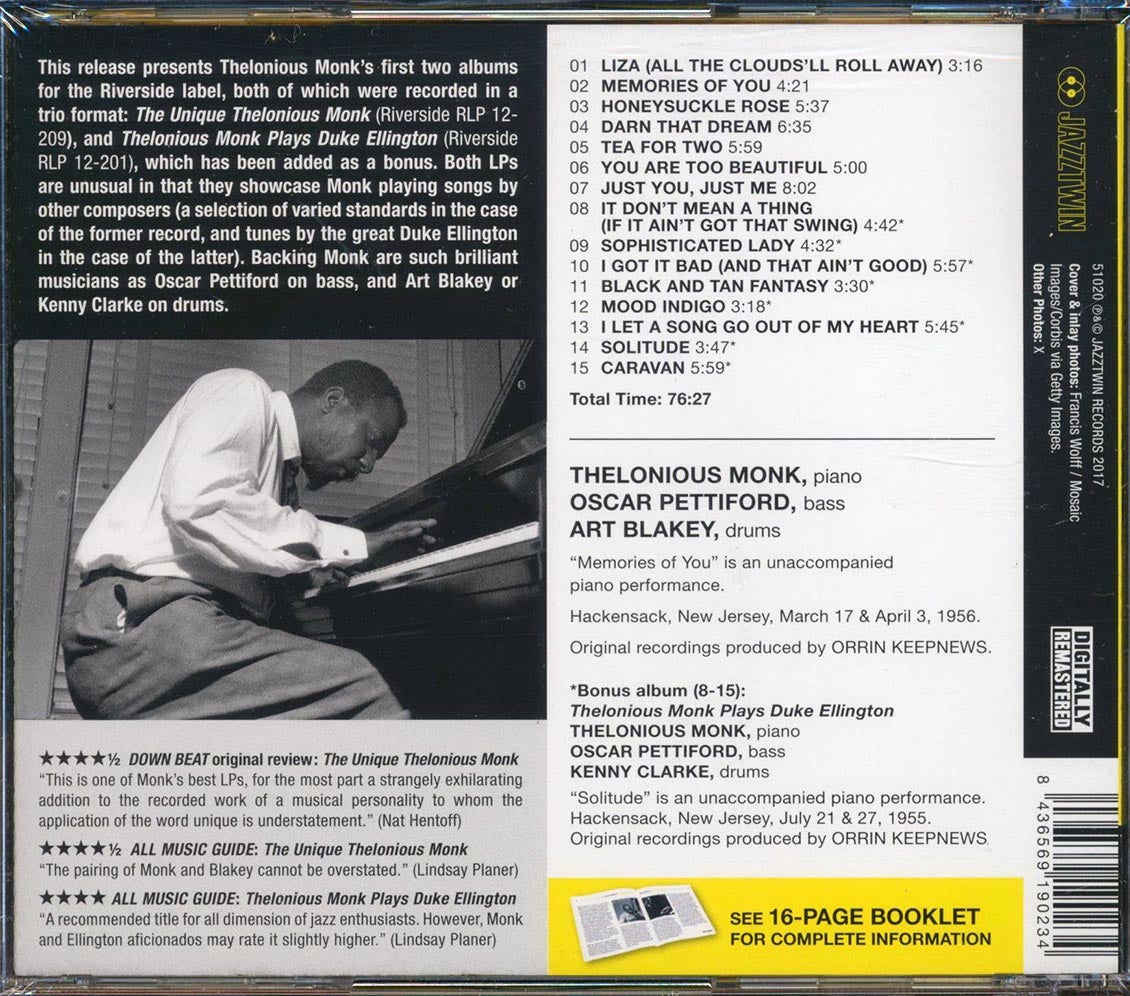 The Thelonious Monk Trio - The Unique Thelonious Monk + Thelonious Monk Plays Duke Ellington (2 albums on 1 CD) (incl. 16-page booklet) (remastered)