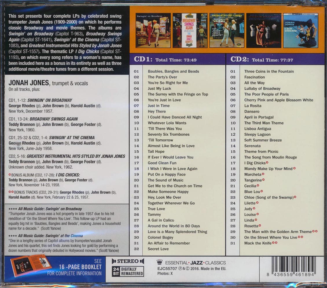 Jonah Jones Quartet - Broadway & Hollywood Hits: Swingin' On Broadway + Broadway Swings Again + Swingin' At The Cinema + Greatest Instrumental Hits Styled By Jonah Jones (4 albums on 2 CDs) (63 tracks) (+ 15 bonus tracks) (2xCD) (incl. 16-page booklet) (2