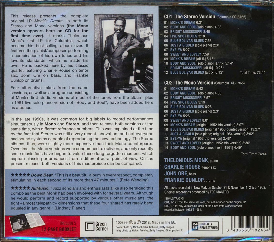 The Thelonious Monk Quartet - Monk's Dream: The Stereo & Mono Versions (2 albums on 1 CD) (26 tracks) (+ 11 bonus tracks) (ltd. ed.) (2xCD) (incl. 12-page booklet) (remast