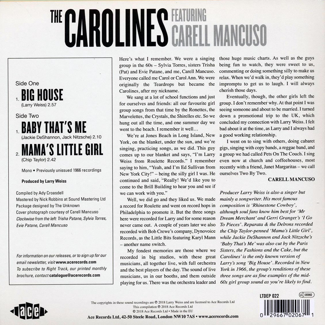The Carolines, Carell Mancuso - Big House  /  The Carolines, Carell Mancuso - Baby That's Me; The Carolines, Carell Mancuso - Mama's Little Girl (ltd. 500 copies made)