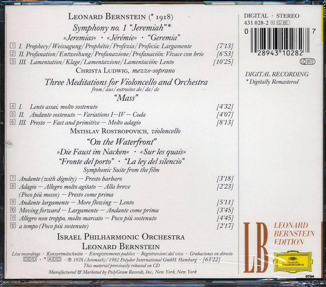 Bernstein, Ludwig, Rostropovich, Israel Philharmonic Orchestra - Symphony No. 1, Jeremiah, 3 Meditations From Ass, On The Waterfront
