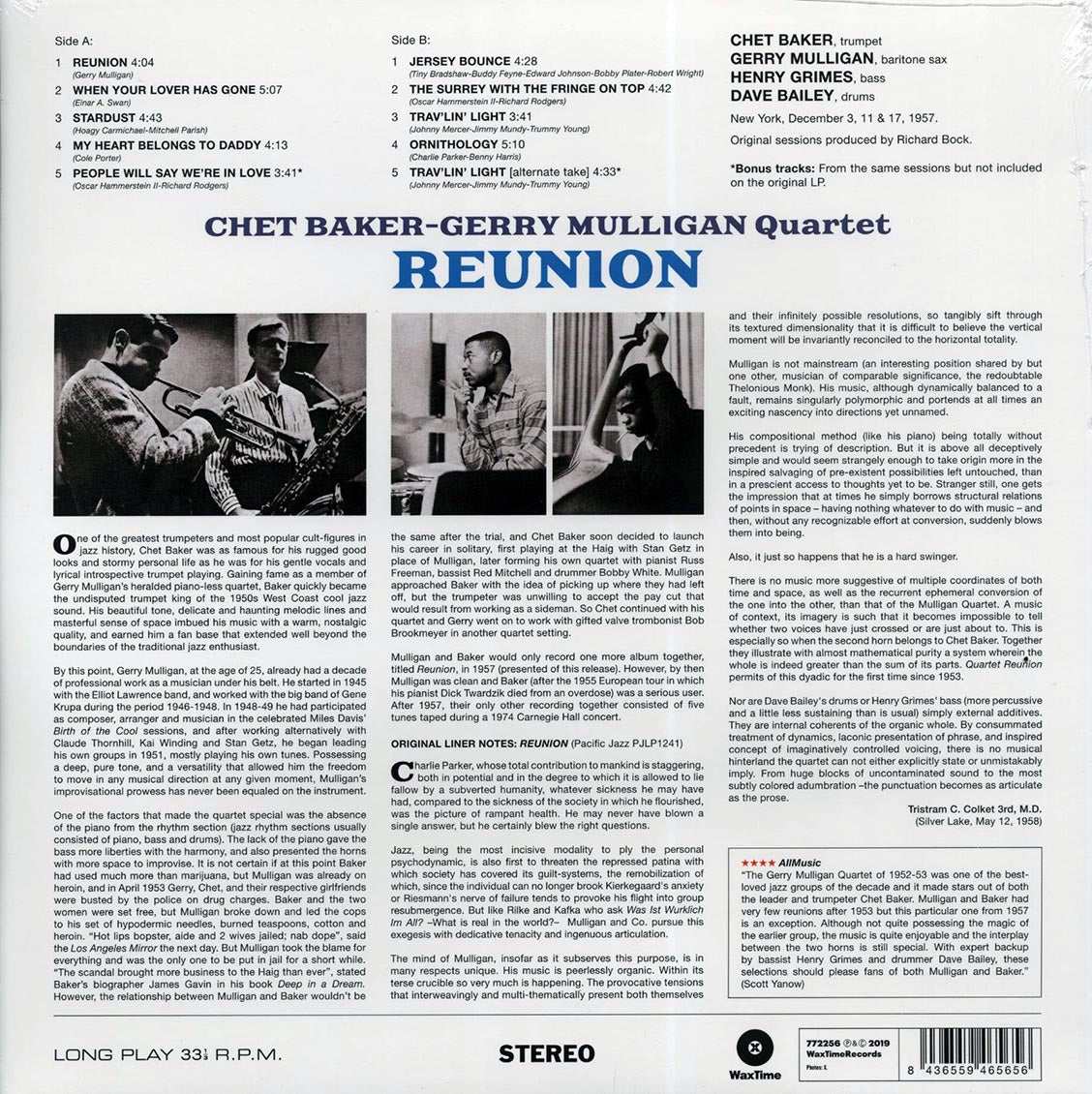 Chet Baker, Gerry Mulligan Quartet - Reunion (+ 3 bonus tracks) (DMM) (ltd. ed.) (180g) (High-Def VV) (remastered)