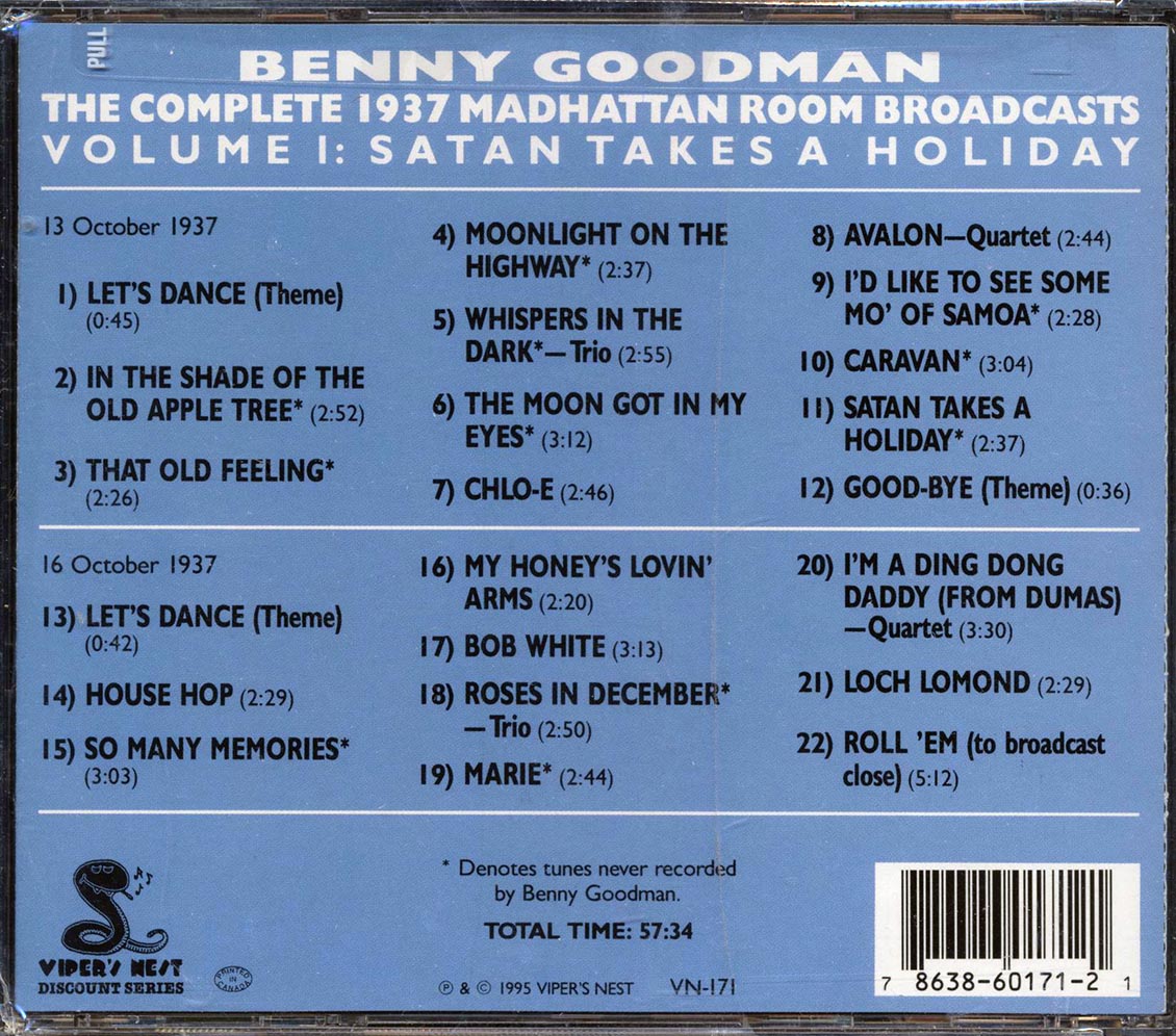 Benny Goodman - The Complete 1937 Madhattan Room Broadcasts Volume 1: Satan Takes A Holiday