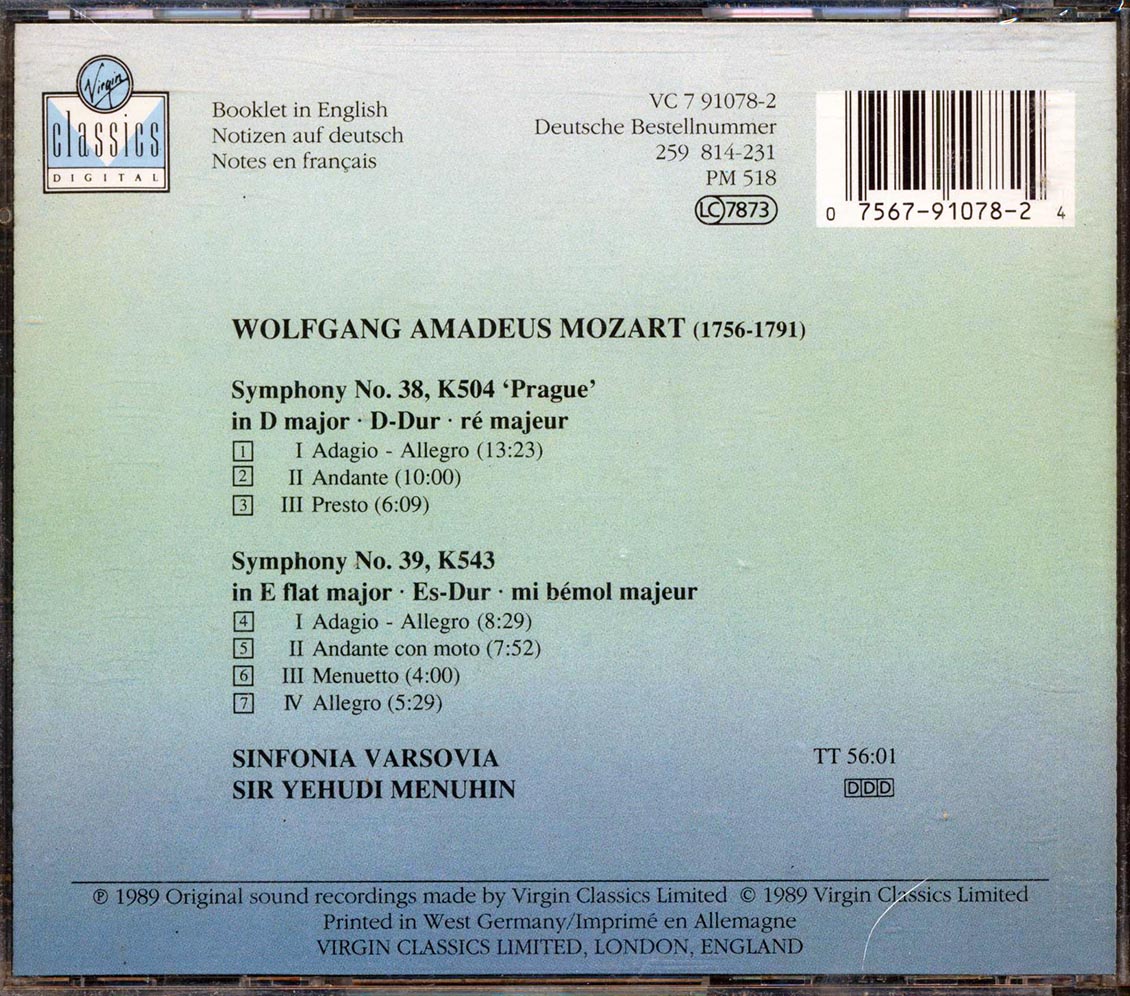 Mozart, Sir Yehudi Menuhin, Sinfonia Varsovia - Symphonies No. 38 Prague And No. 39
