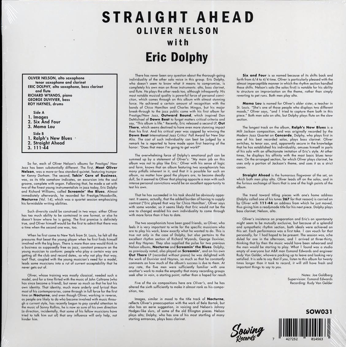 Oliver Nelson, Eric Dolphy - Straight Ahead (ltd. 500 copies made) (clear vinyl)
