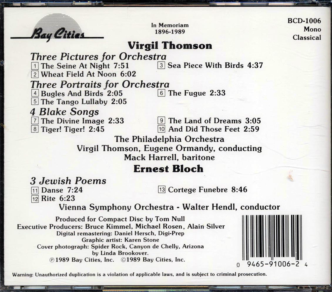 Virgil Thomson, Ernest Bloch - 3 Portraits For Orchestra, 3 Pictures For Orchestra, 4 Blake Songs, 3 Jewish Poems