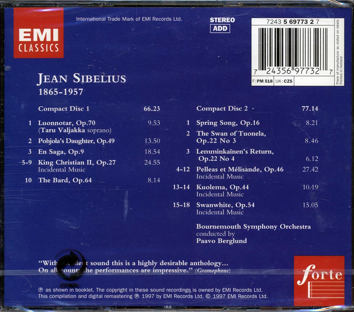 Sibelius, Bournemouth Symphony Orchestra, Paavo Berglund - Orchestral Works (24 tracks) (2xCD) (incl. large booklet)